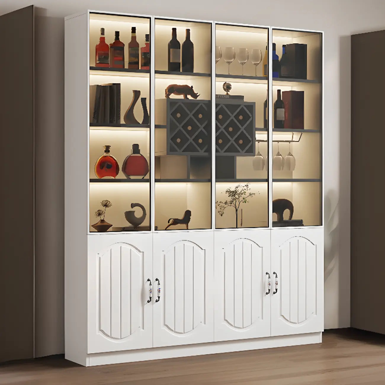 Black Wood Glass Door Display Cabinet with Wine Storage