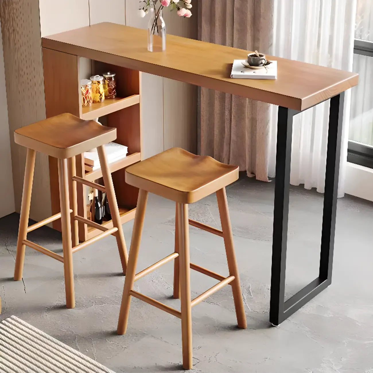 Nordic Pine Wood Rectangular Bar Table with Storage Rack for Dining Room