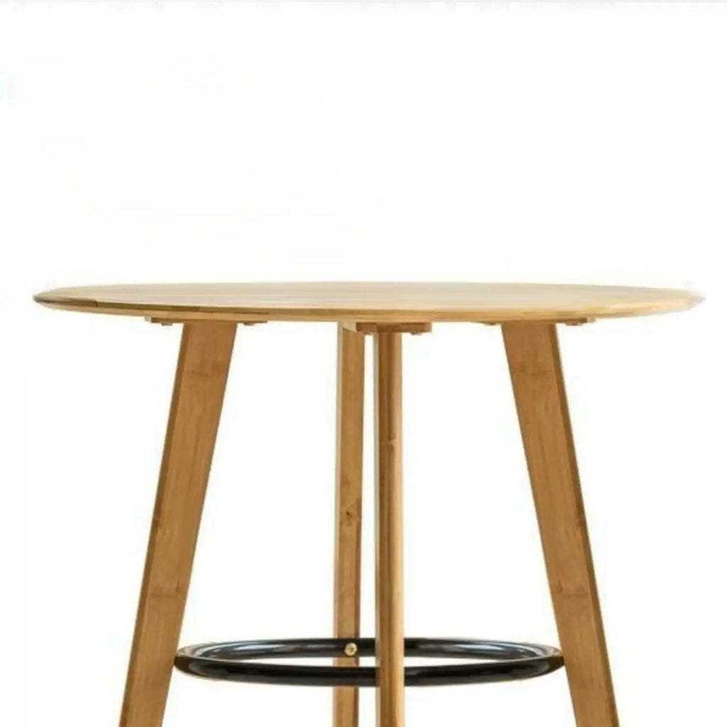 Scandinavian Bamboo Round Pub Bar Table with Black Footrest for Dining