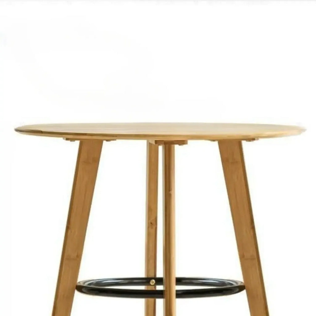 Scandinavian Bamboo Round Pub Bar Table with Black Footrest for Dining
