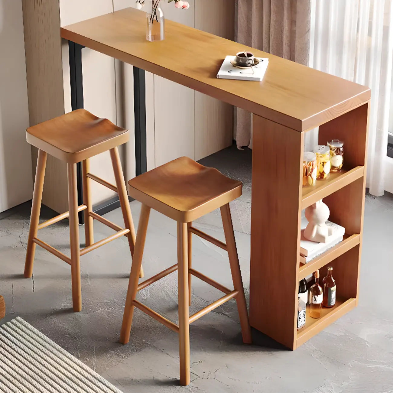 Nordic Pine Wood Rectangular Bar Table with Storage Rack for Dining Room