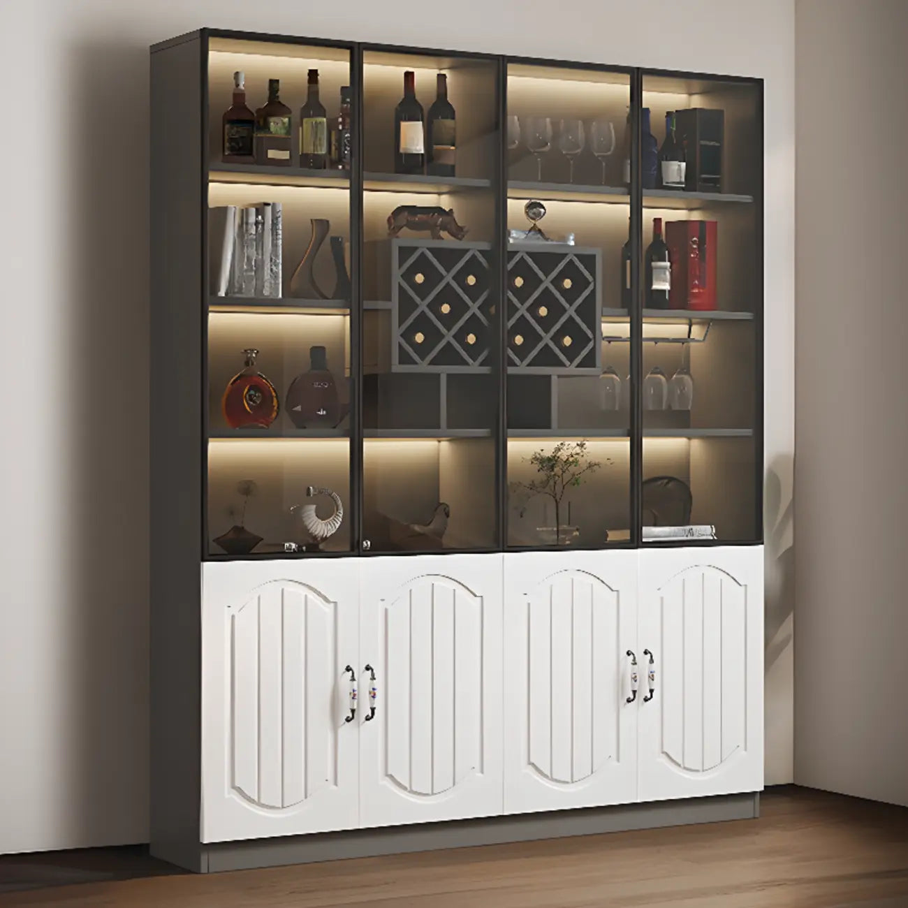Black Wood Glass Door Display Cabinet with Wine Storage
