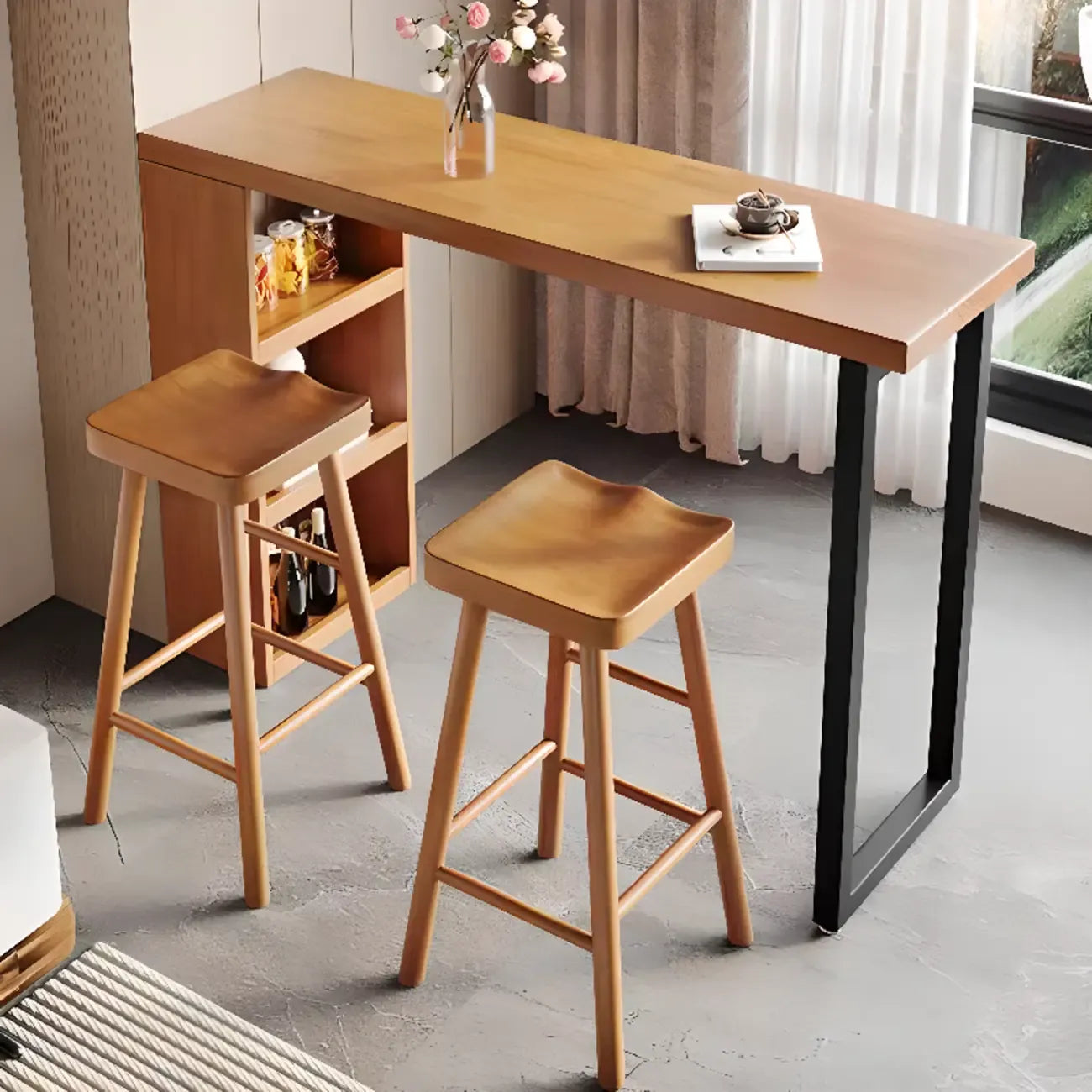 Nordic Pine Wood Rectangular Bar Table with Storage Rack for Dining Room