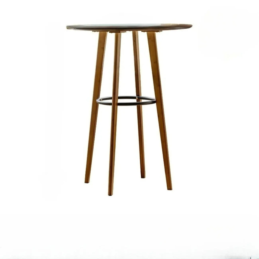 Scandinavian Bamboo Round Pub Bar Table with Black Footrest for Dining