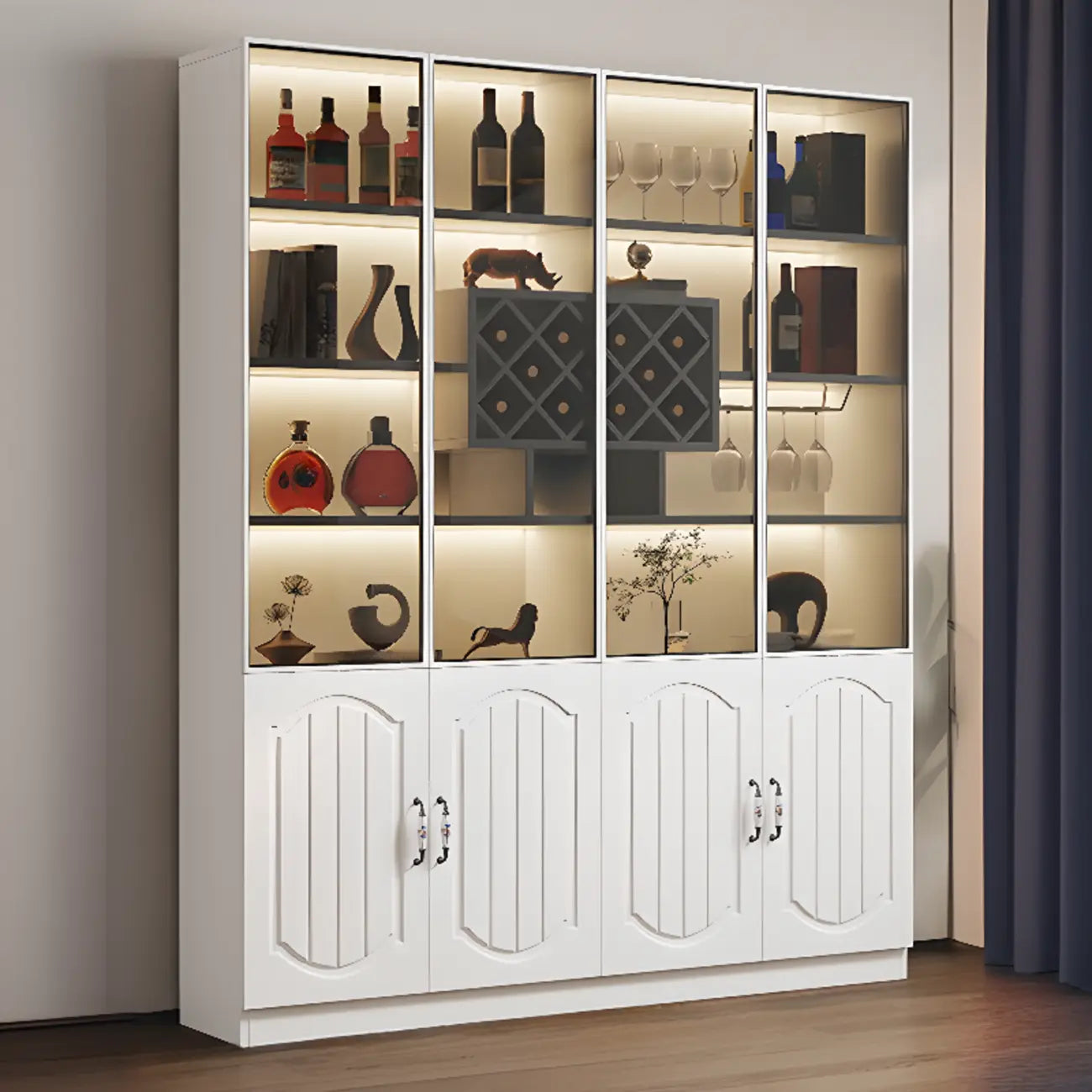 Black Wood Glass Door Display Cabinet with Wine Storage