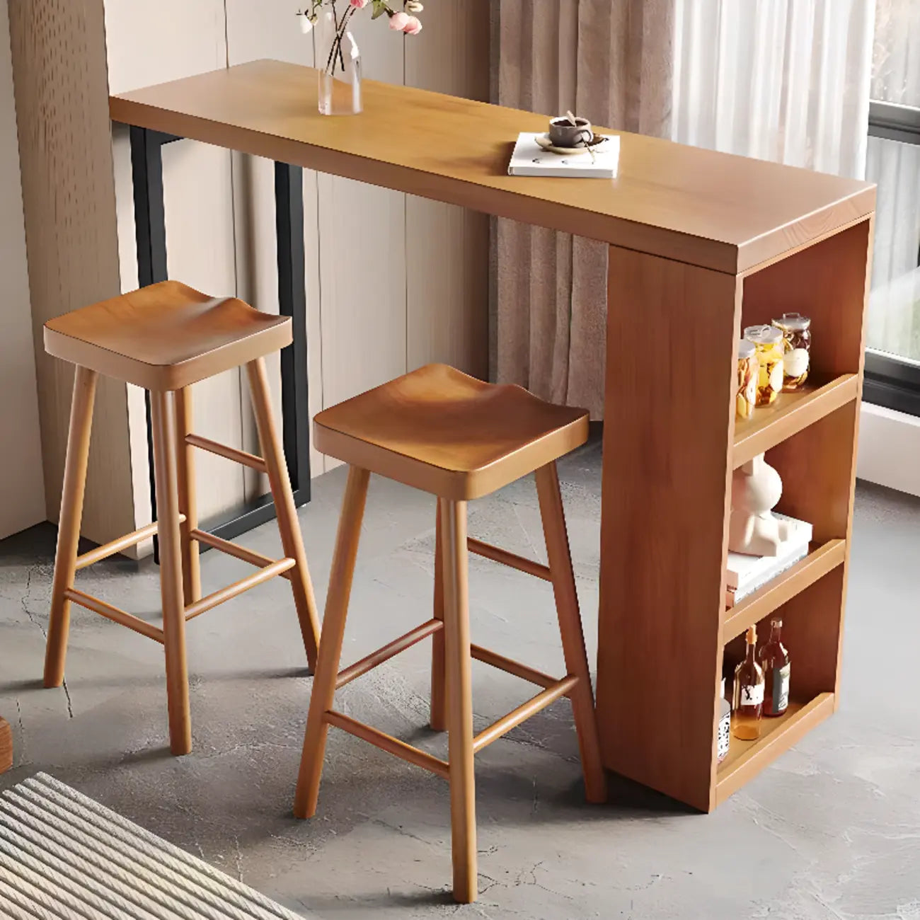 Nordic Pine Wood Rectangular Bar Table with Storage Rack for Dining Room