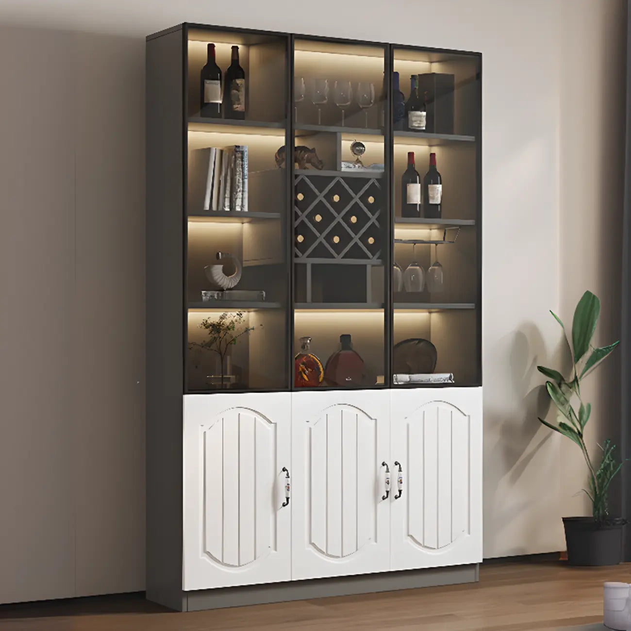 Black Wood Glass Door Display Cabinet with Wine Storage