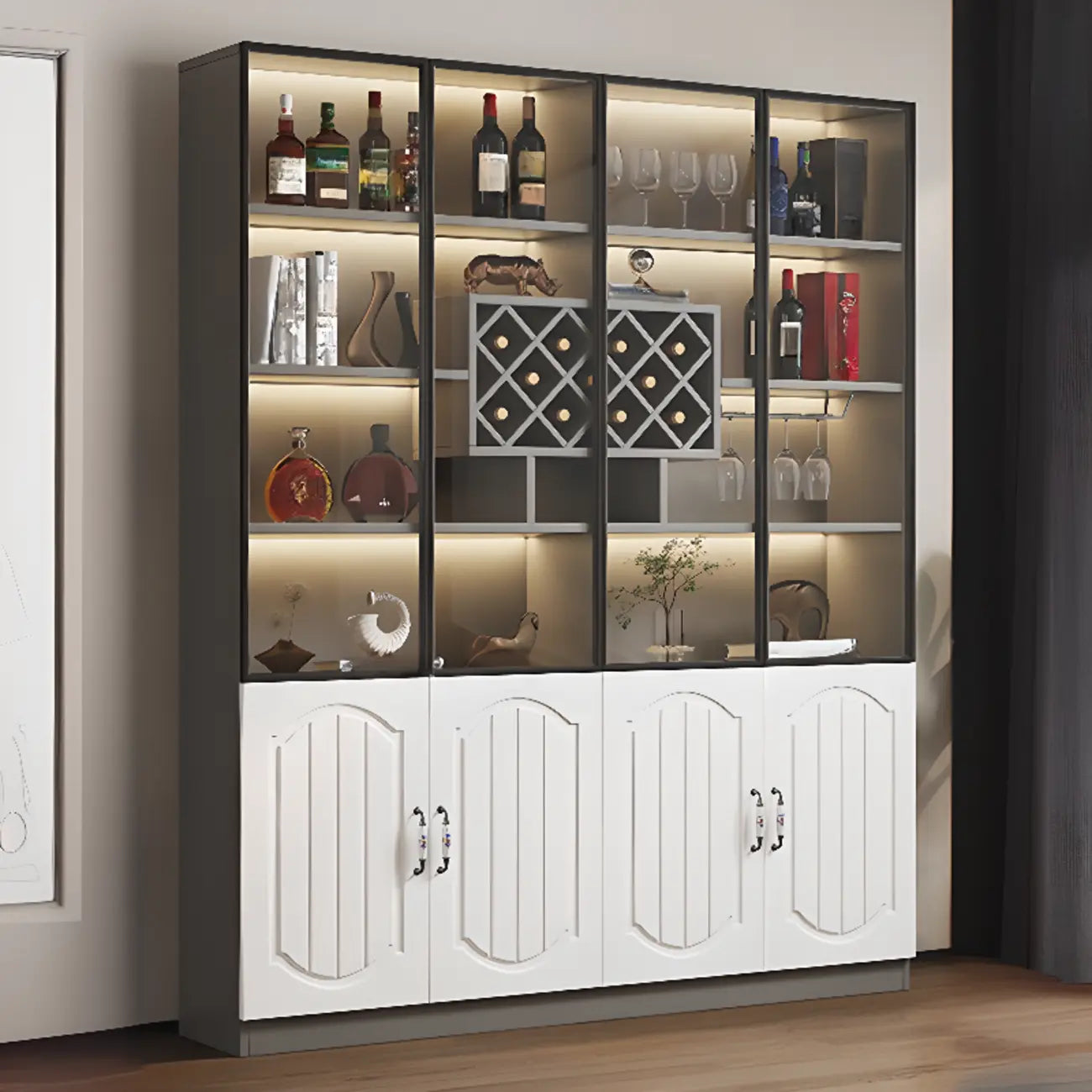 Black Wood Glass Door Display Cabinet with Wine Storage