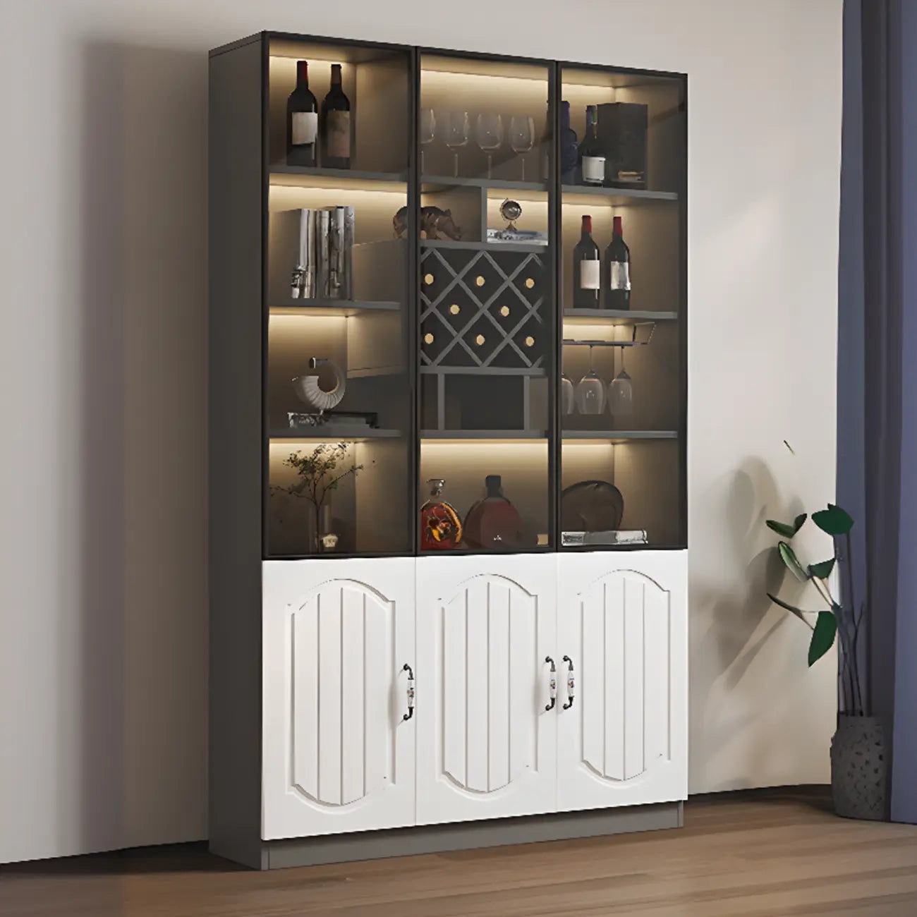 Black Wood Glass Door Display Cabinet with Wine Storage