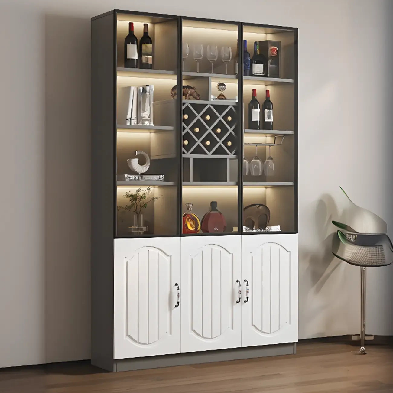 Black Wood Glass Door Display Cabinet with Wine Storage