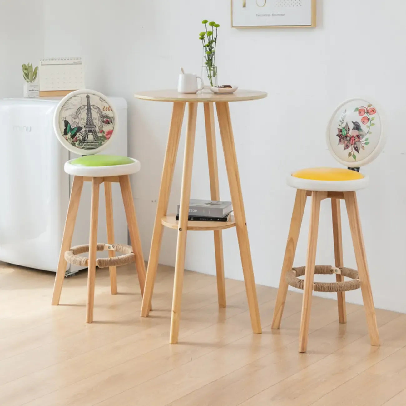 Nordic Wooden 36 inches Round Bar Table Set with Footrest
