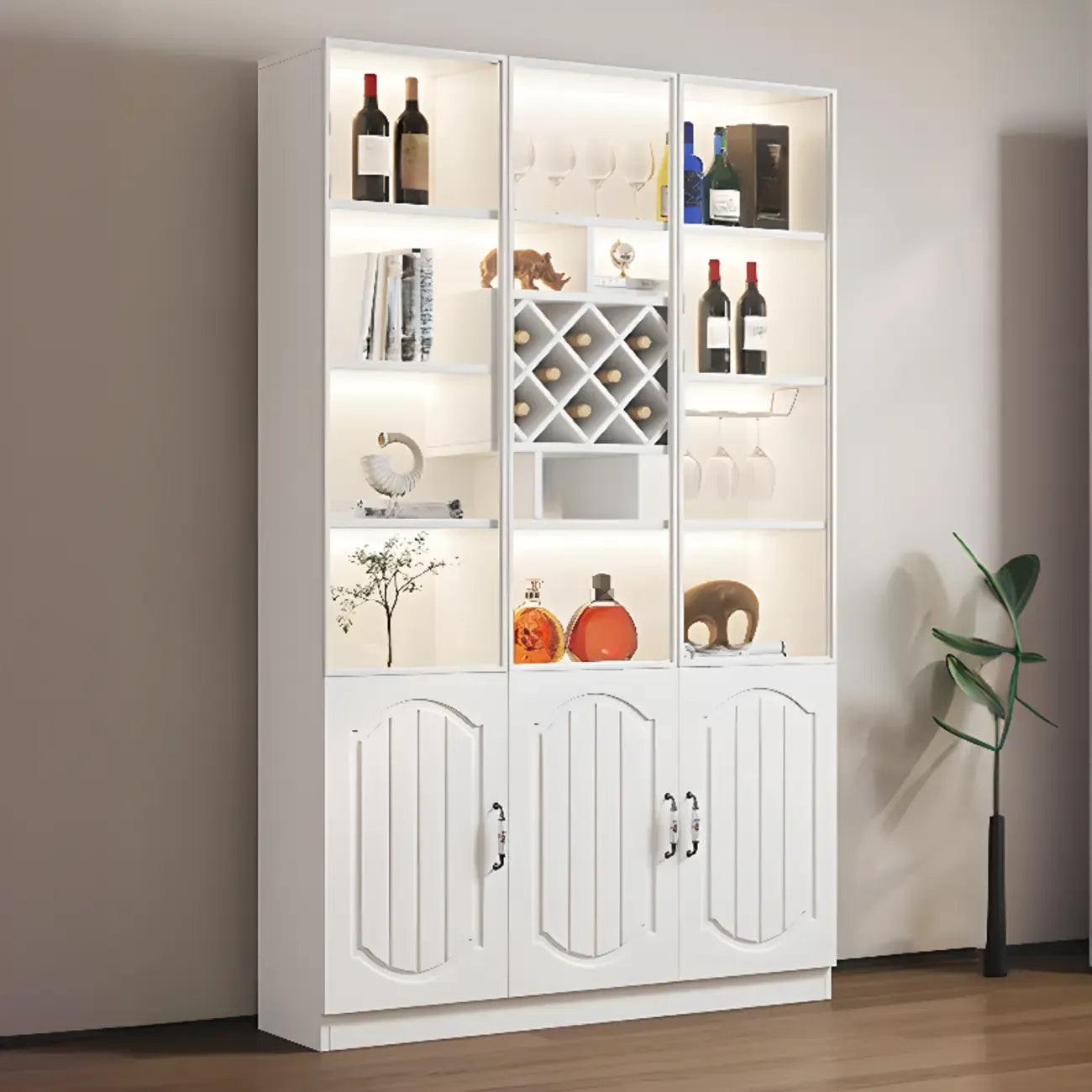 Black Wood Glass Door Display Cabinet with Wine Storage