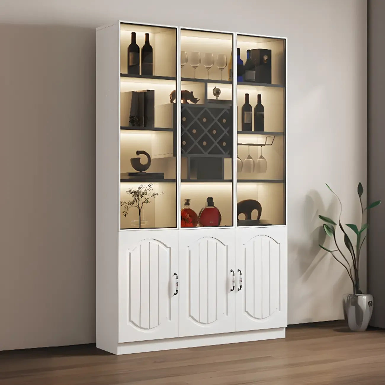 Black Wood Glass Door Display Cabinet with Wine Storage