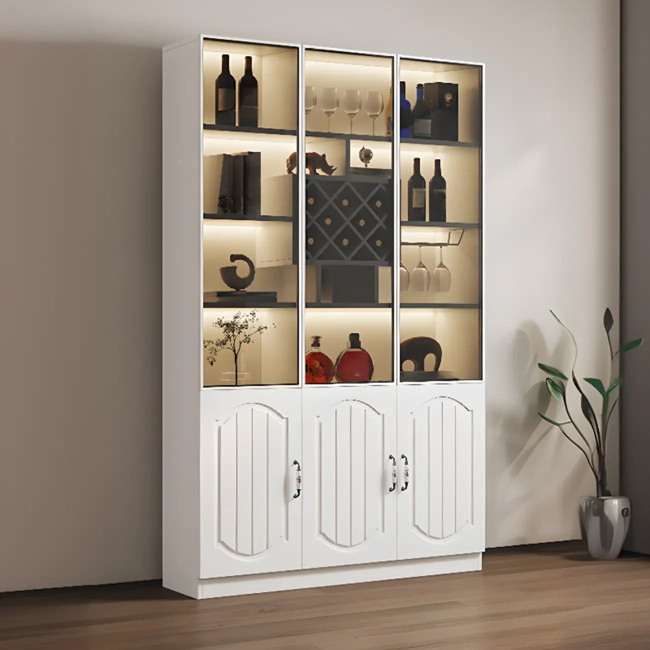 Black Wood Glass Door Display Cabinet with Wine Storage