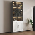 Black Wood Glass Door Display Cabinet with Wine Storage