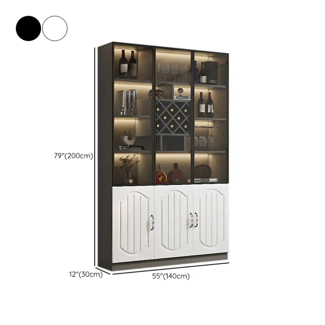 Black Wood Glass Door Display Cabinet with Wine Storage