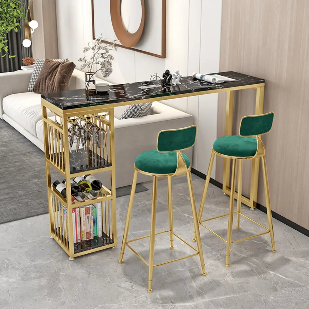 Modern Marble Rectangle Bar Table with Metal Storage Shelve for Living Room