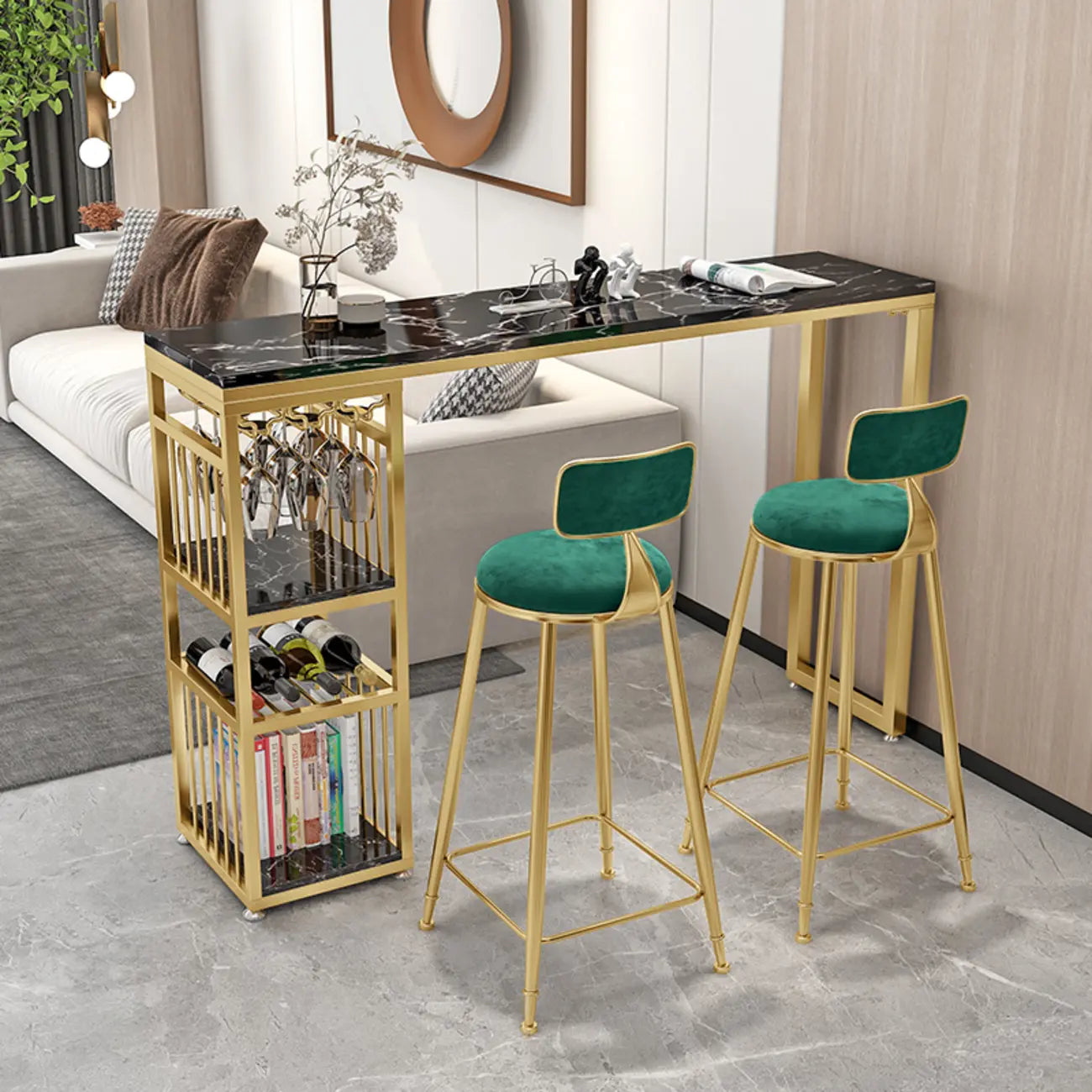 Modern Marble Rectangle Bar Table with Metal Storage Shelve for Living Room