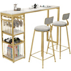 Modern Marble Rectangle Bar Table with Metal Storage Shelve for Living Room