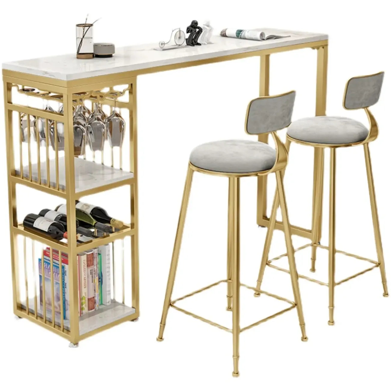 Modern Marble Rectangle Bar Table with Metal Storage Shelve for Living Room