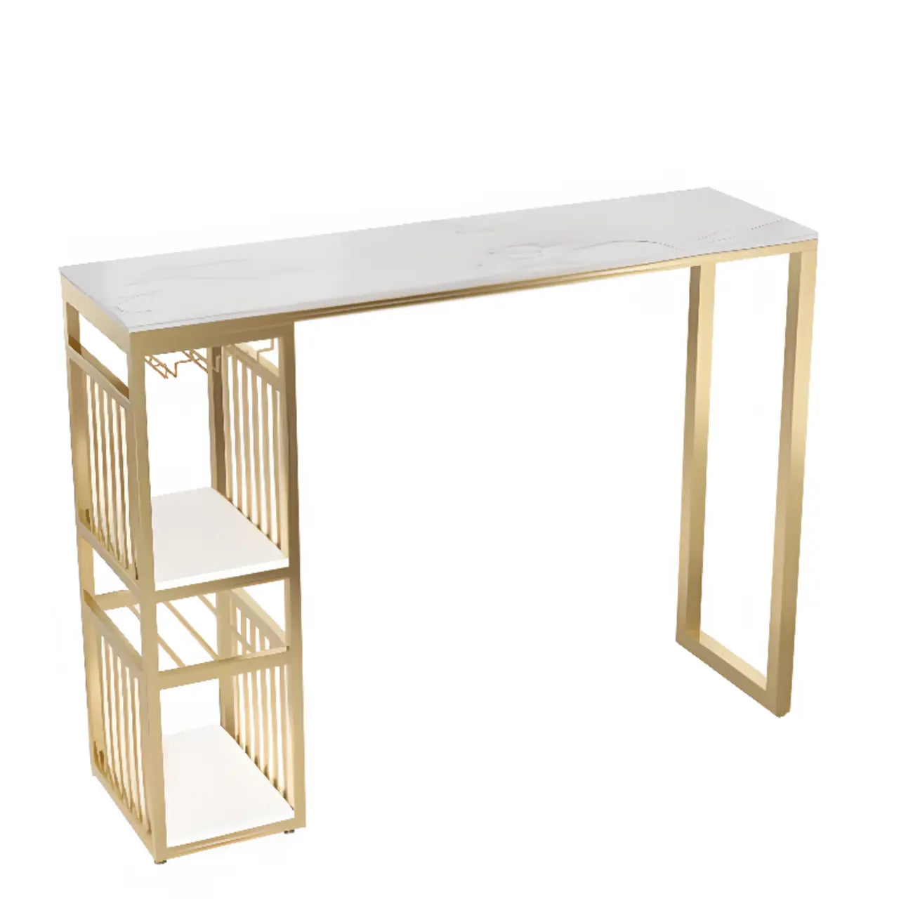 Modern Marble Rectangle Bar Table with Metal Storage Shelve for Living Room