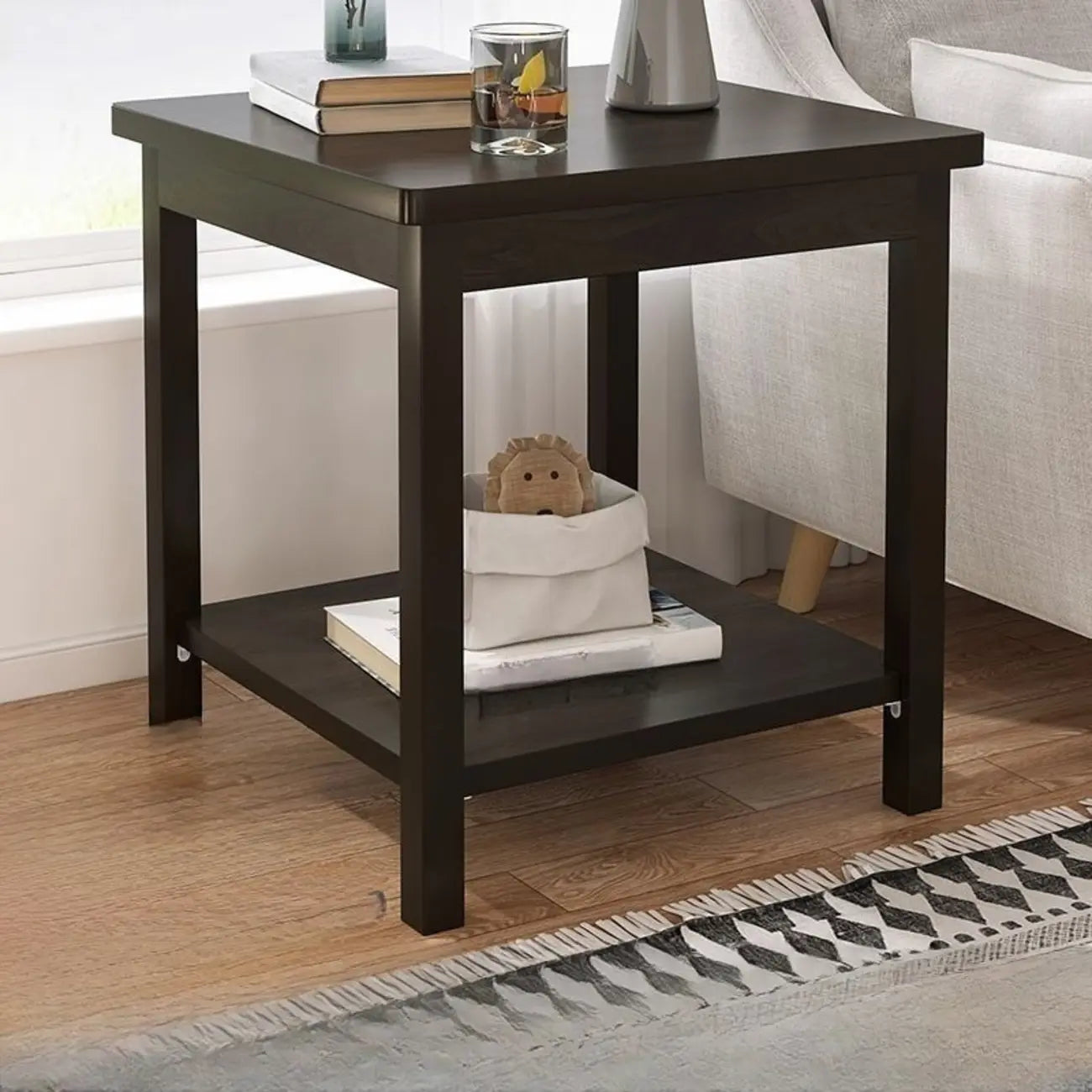 Minimalist Black Wood End Table with Storage for Living Room