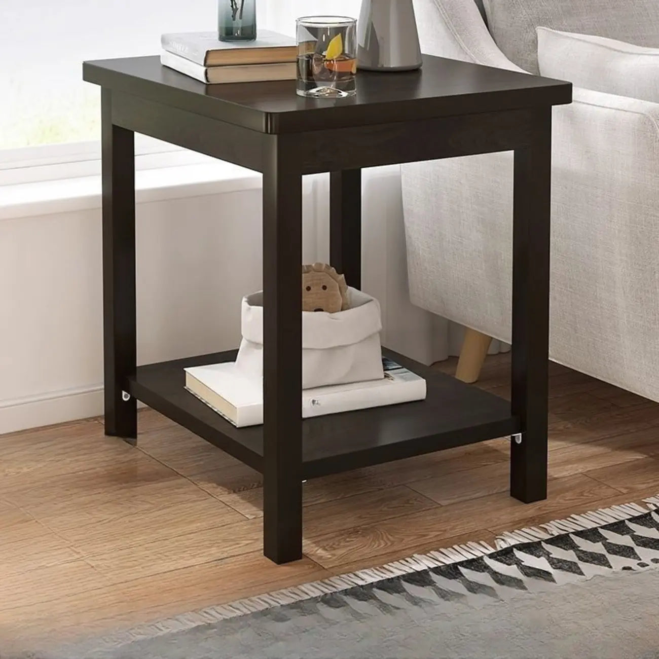Minimalist Black Wood End Table with Storage for Living Room