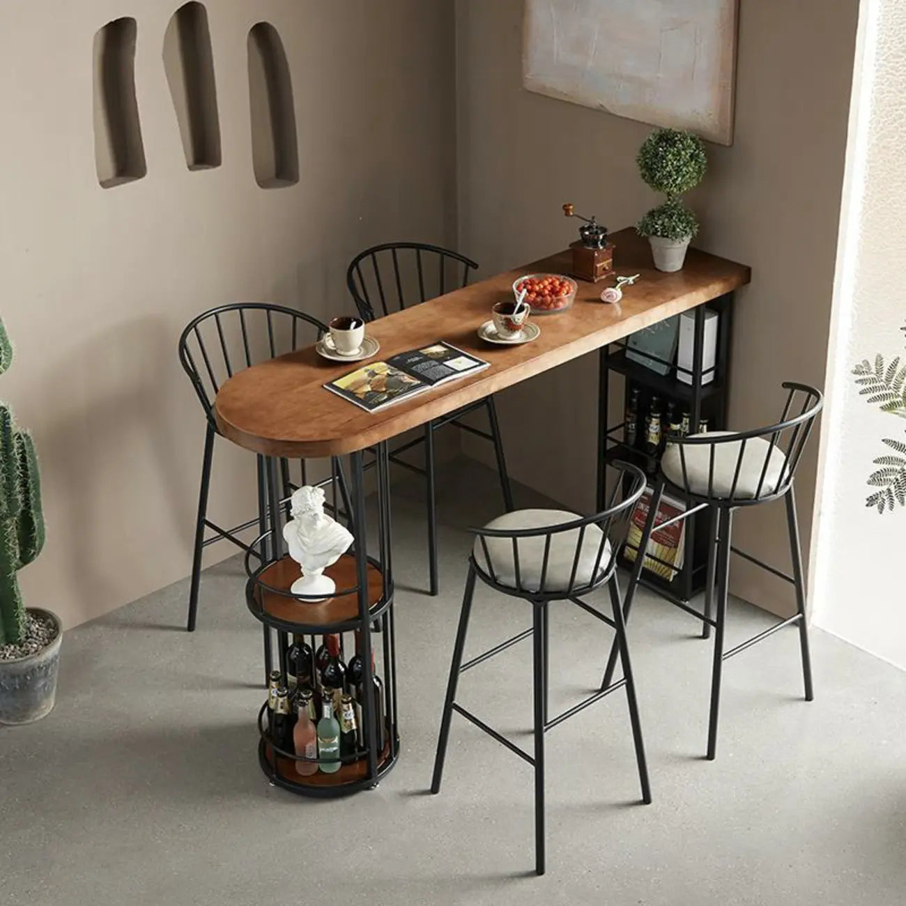 Wooden Narrow Bar Table with Double Storage Shelves