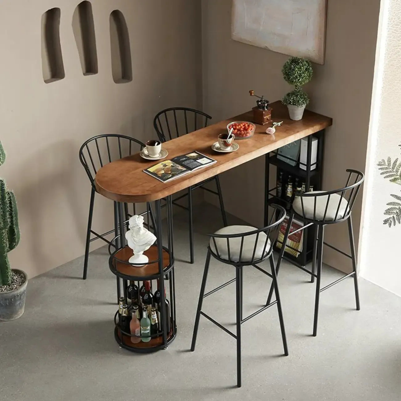 Wooden Narrow Bar Table with Double Storage Shelves
