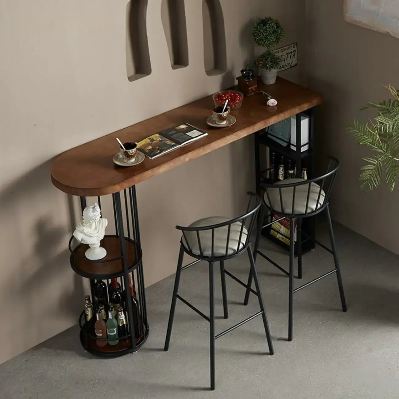 Wooden Narrow Bar Table with Double Storage Shelves