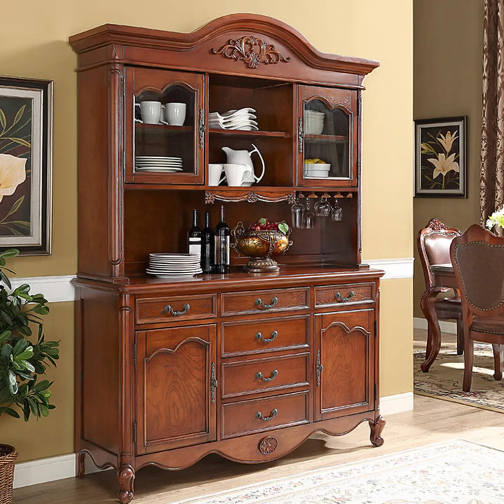 Brown Wood Countertop Dining Hutch Cabinet with Glass Doors