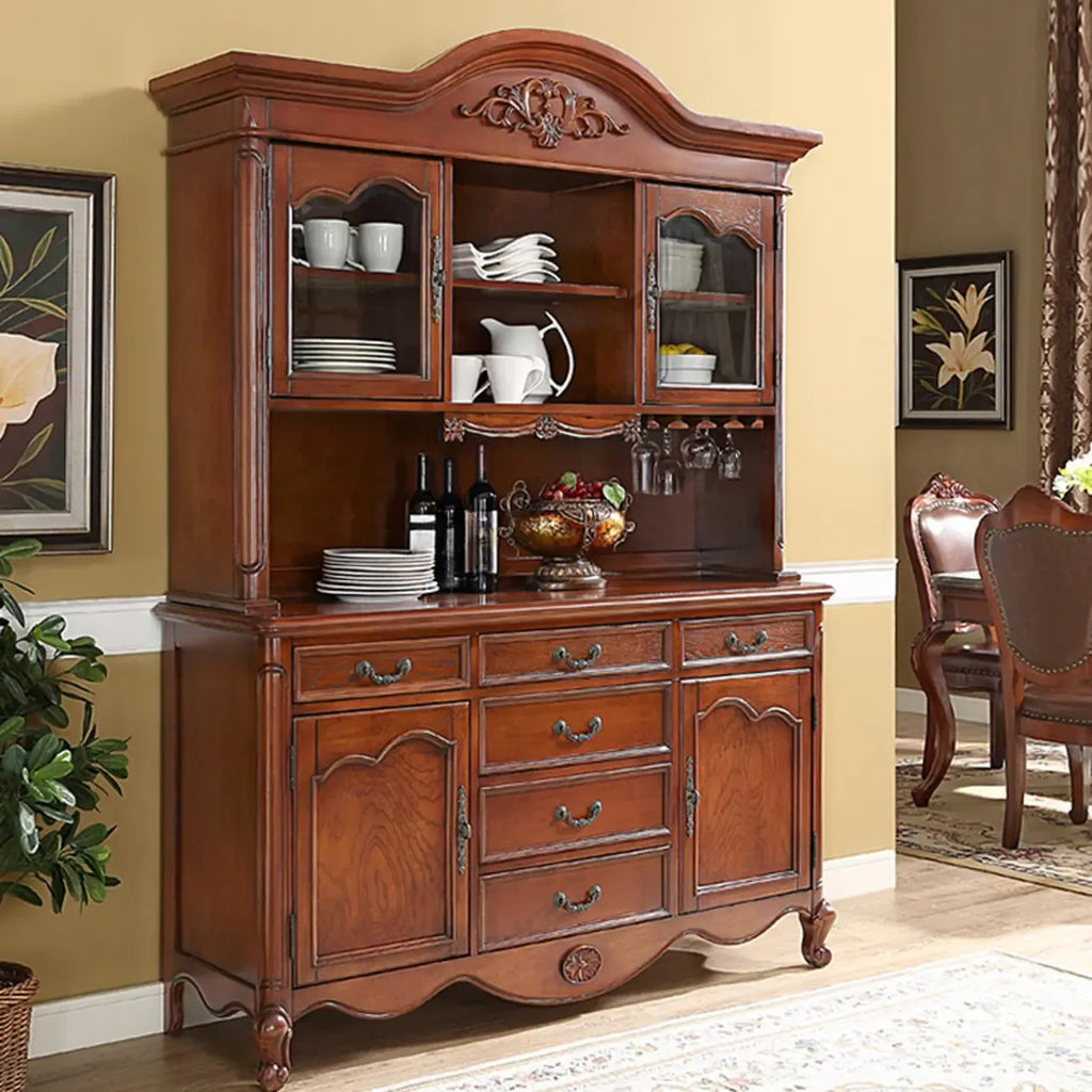 Brown Wood Countertop Dining Hutch Cabinet with Glass Doors