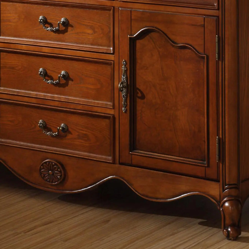 Brown Wood Countertop Dining Hutch Cabinet with Glass Doors
