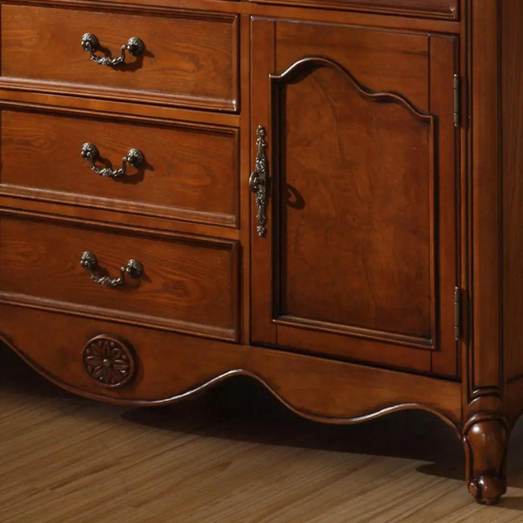 Brown Wood Countertop Dining Hutch Cabinet with Glass Doors