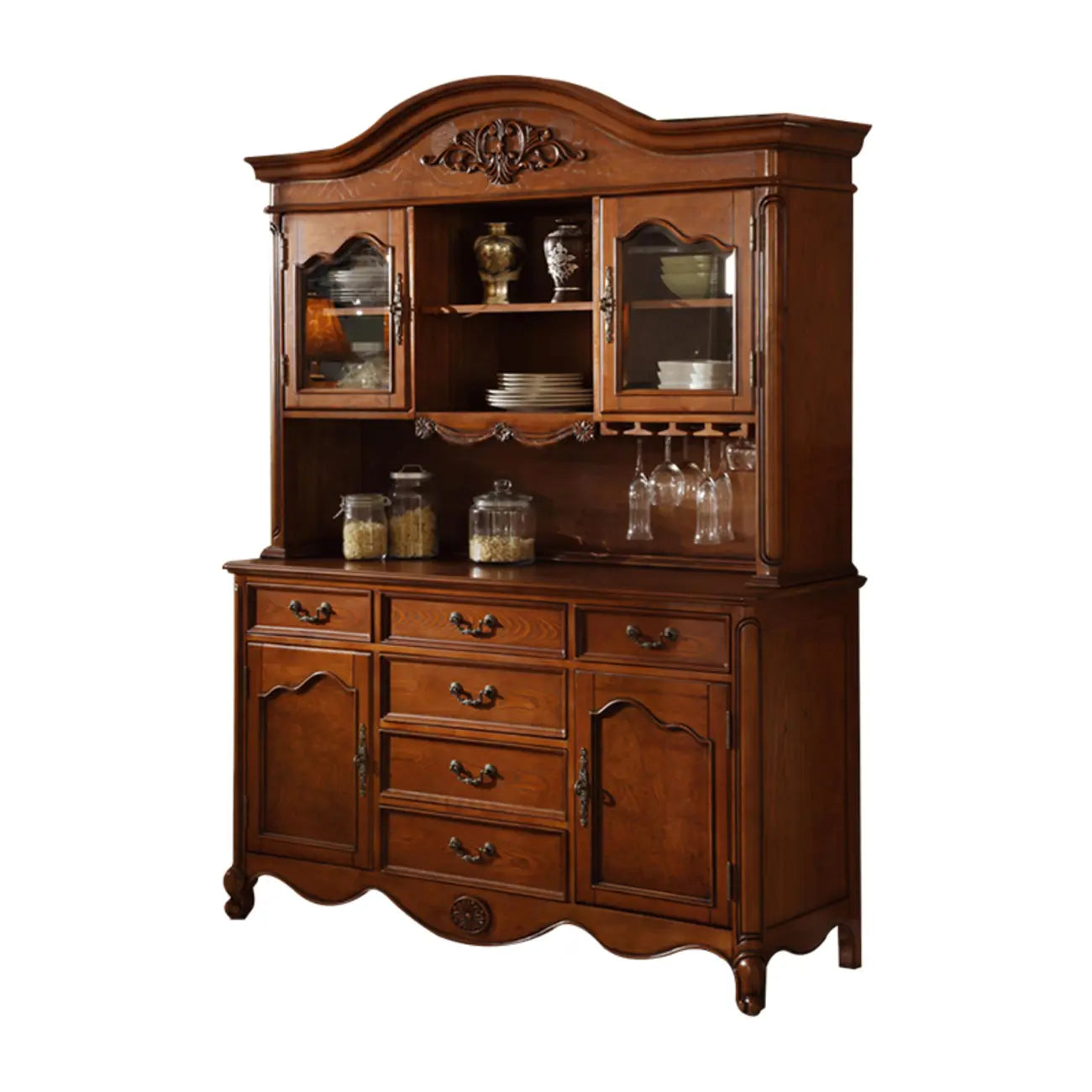 Brown Wood Countertop Dining Hutch Cabinet with Glass Doors