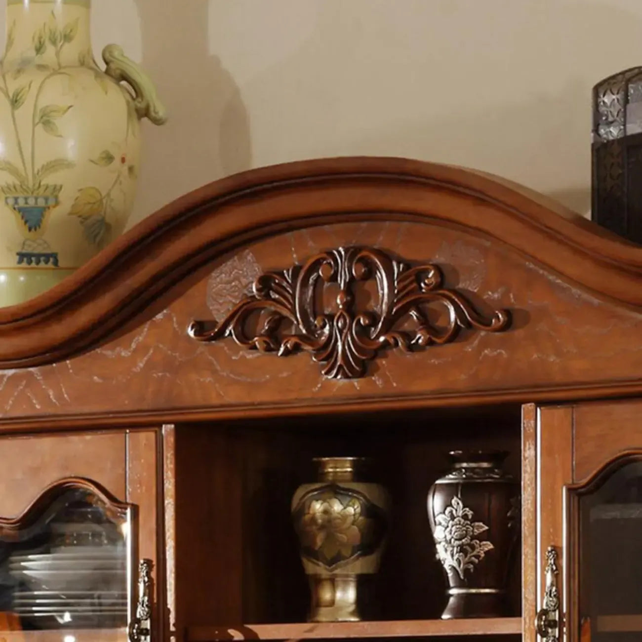 Brown Wood Countertop Dining Hutch Cabinet with Glass Doors