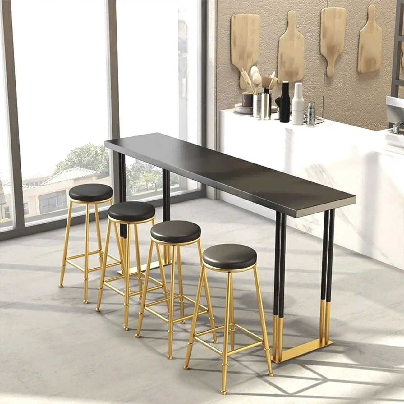 Luxury Black Metal Height Bar Table with Golden Legs for 8 People