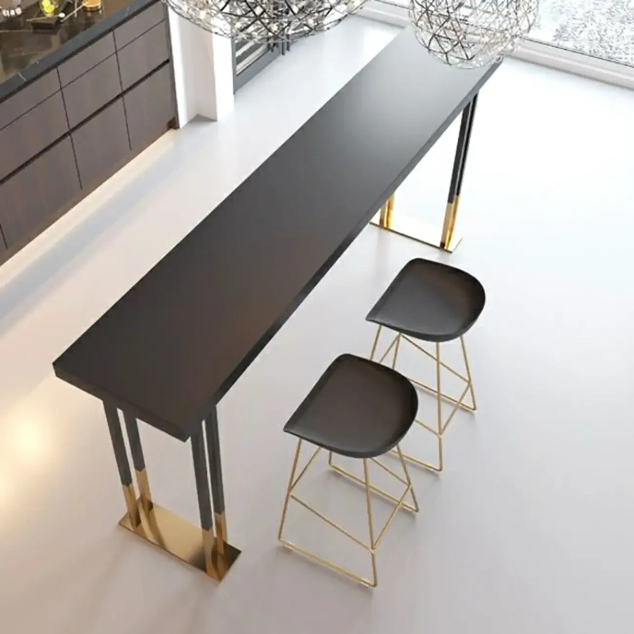Luxury Black Metal Height Bar Table with Golden Legs for 8 People