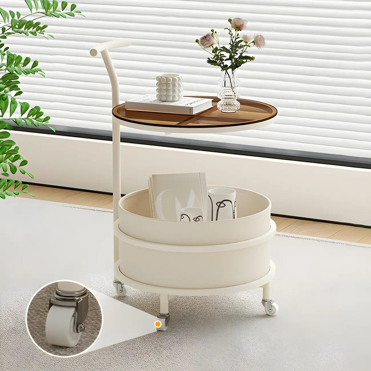 White Small Rolling Side Table with Storage for Living Room