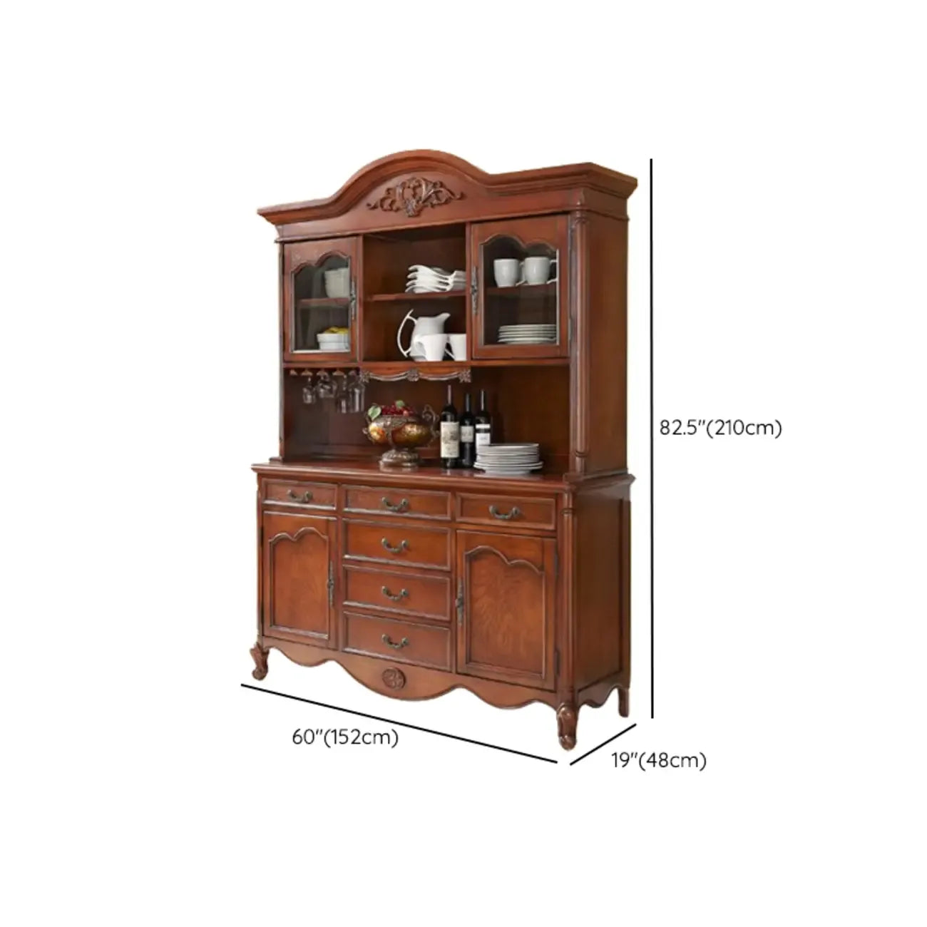 Brown Wood Countertop Dining Hutch Cabinet with Glass Doors