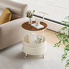 White Small Rolling Side Table with Storage for Living Room