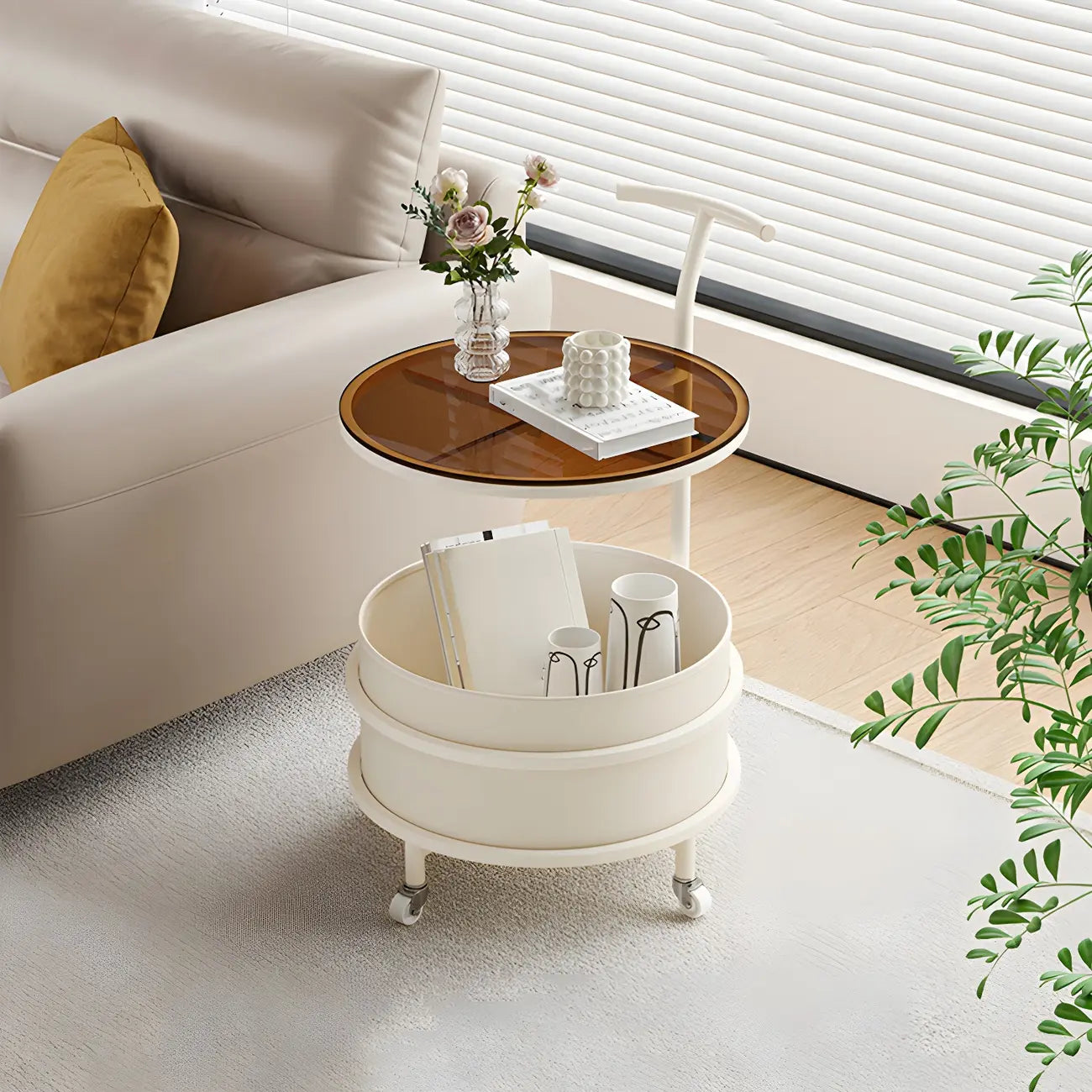 White Small Rolling Side Table with Storage for Living Room