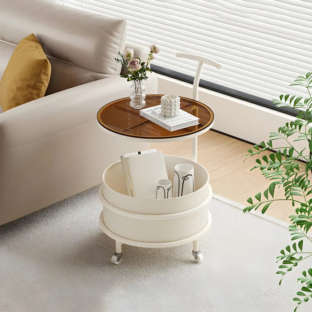 White Small Rolling Side Table with Storage for Living Room