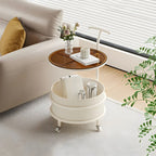 White Small Rolling Side Table with Storage for Living Room