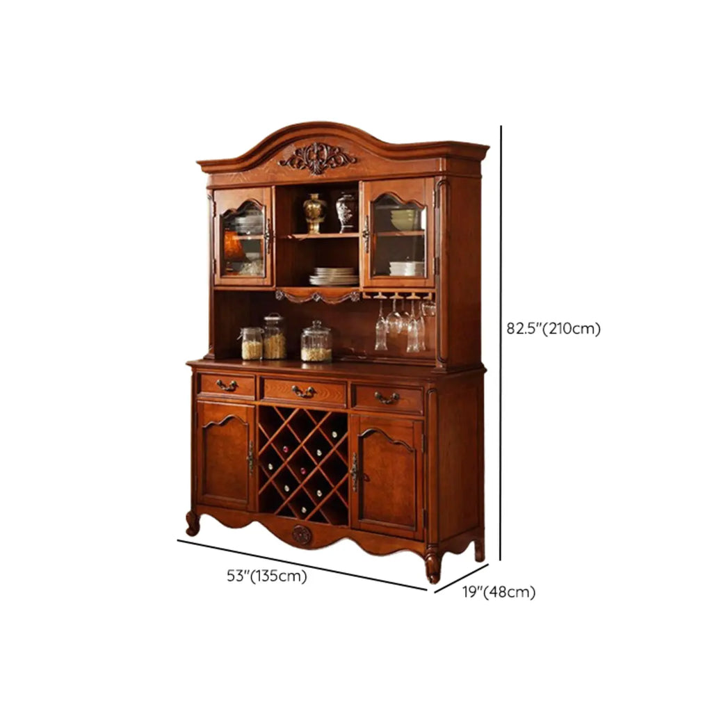 Brown Wood Countertop Dining Hutch Cabinet with Glass Doors