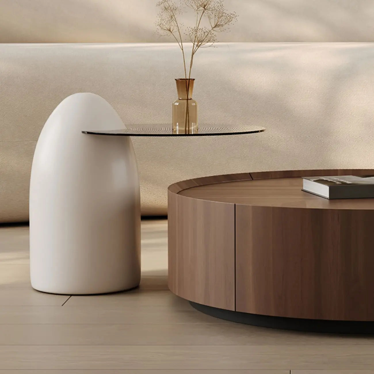 Brown Nesting Tray Wooden Round Coffee Table with 2 Drawers