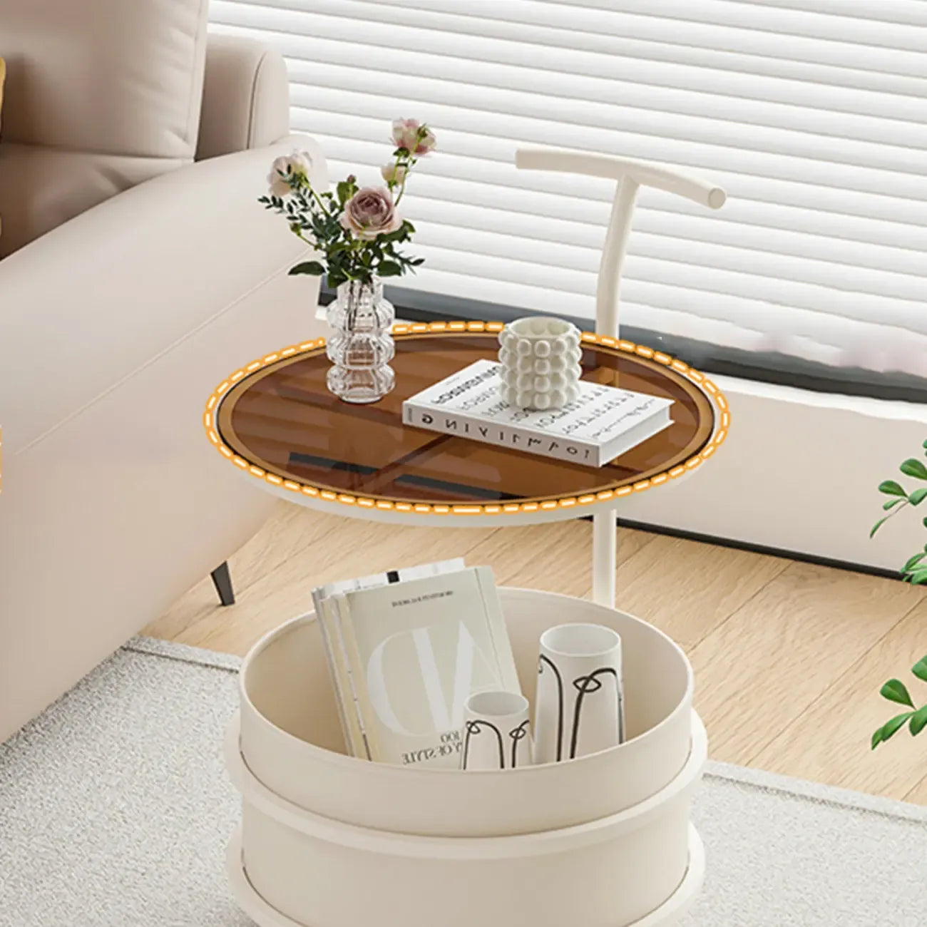 White Small Rolling Side Table with Storage for Living Room