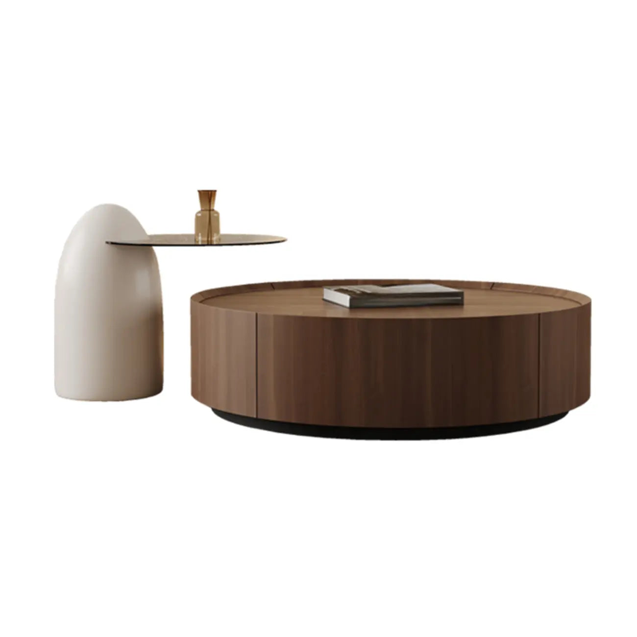 Brown Nesting Tray Wooden Round Coffee Table with 2 Drawers