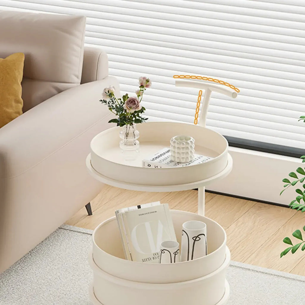 White Small Rolling Side Table with Storage for Living Room