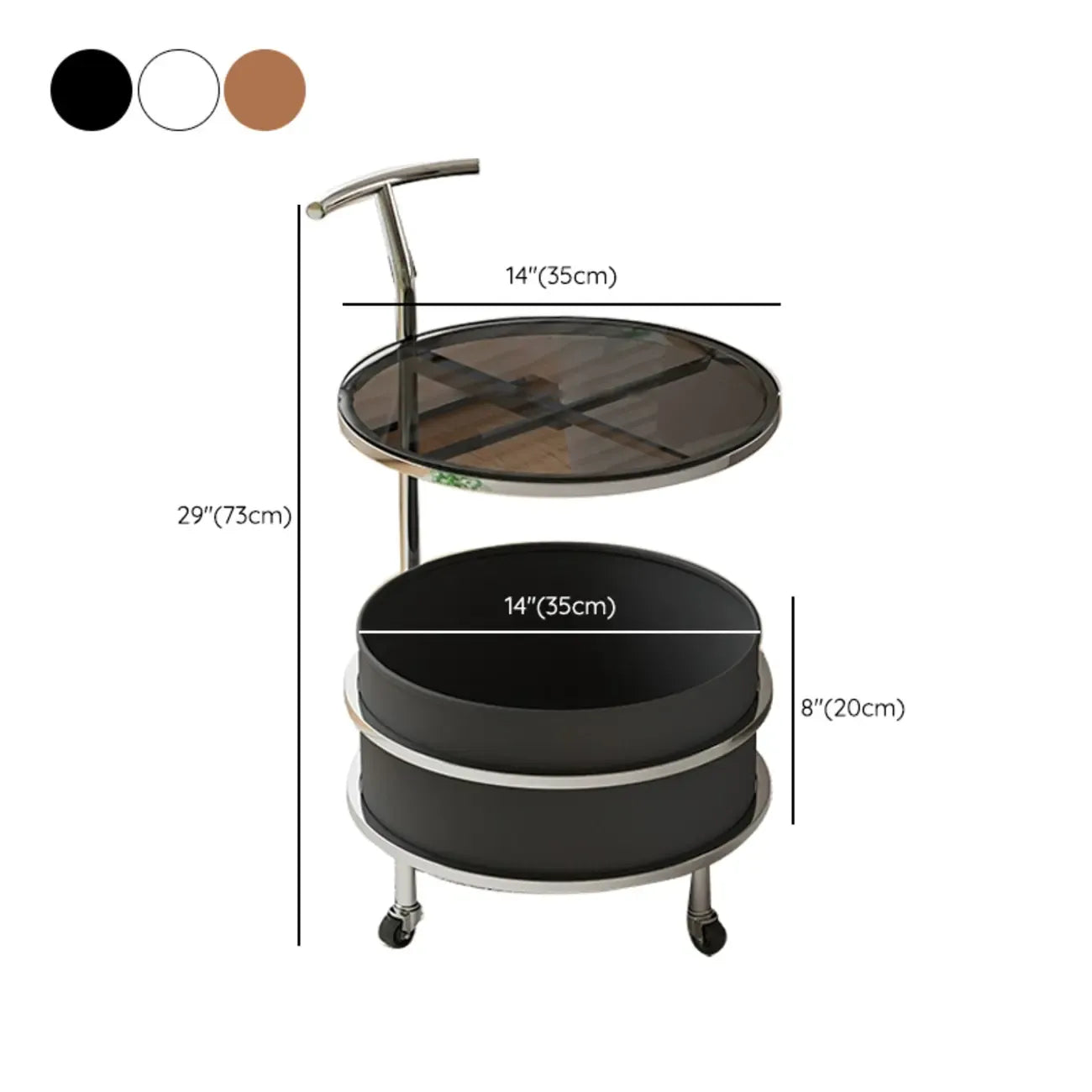 White Small Rolling Side Table with Storage for Living Room
